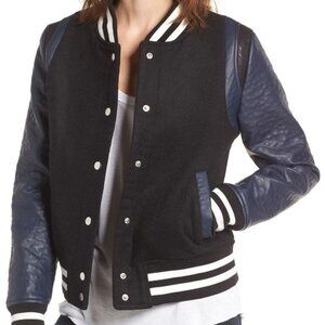Faux Leather Navy Varsity Bomber Jacket